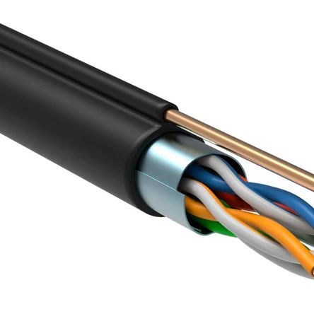 Витая пара F/UTP кат.5E 4х2х24AWG solid LDPE с металлическим тросом 1,2мм черный (305м) ITK